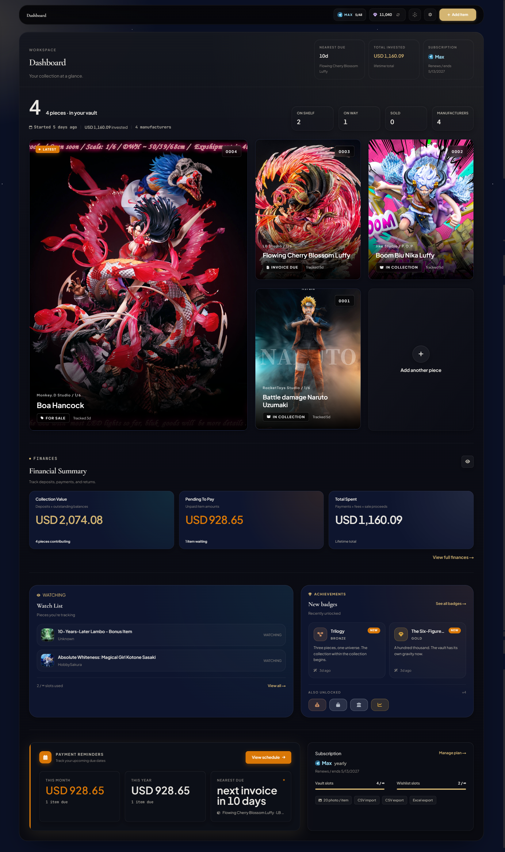 Full Dashboard with all five blocks visible on a desktop viewport