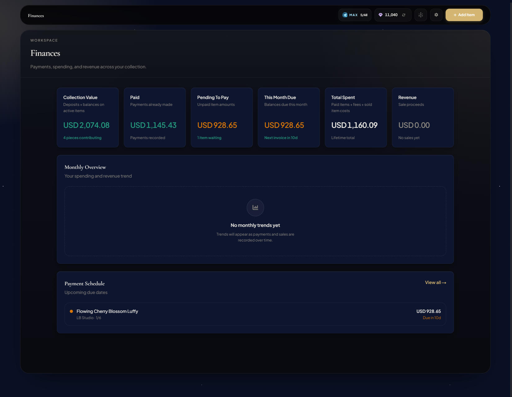 Finances page full layout with summary cards, Payment Schedule, and Recent Activity