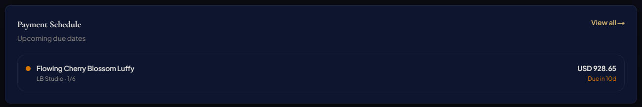 Payment Schedule showing overdue, due soon, and future rows