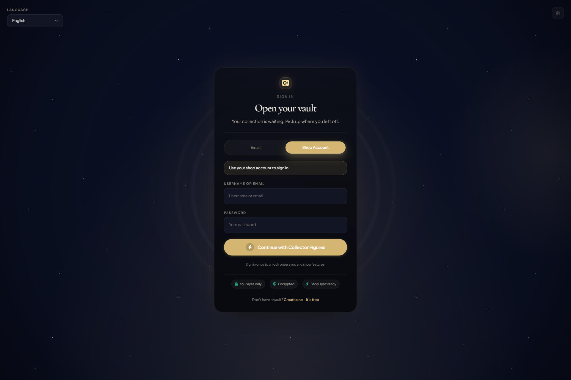 Login page with the Collector Figures sign-in method visible