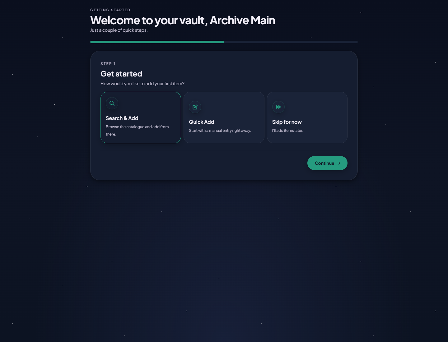 Onboarding page with the first setup step visible