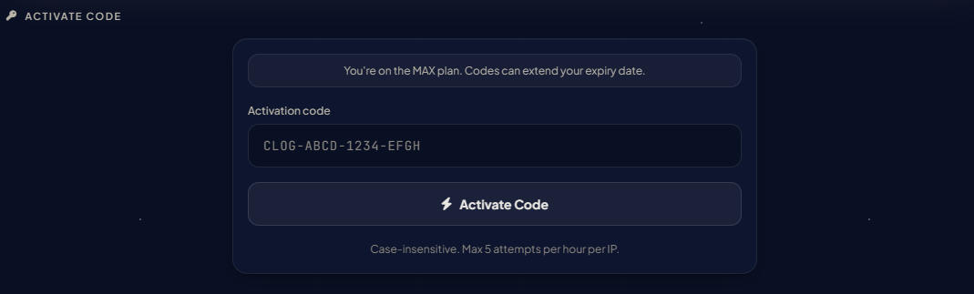 Activation Code input screen with a success confirmation
