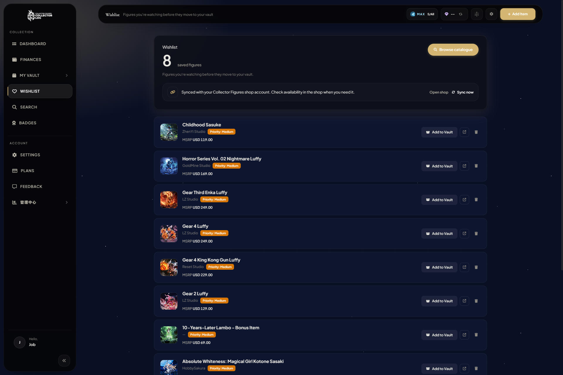 Wishlist page with saved items and a quota indicator