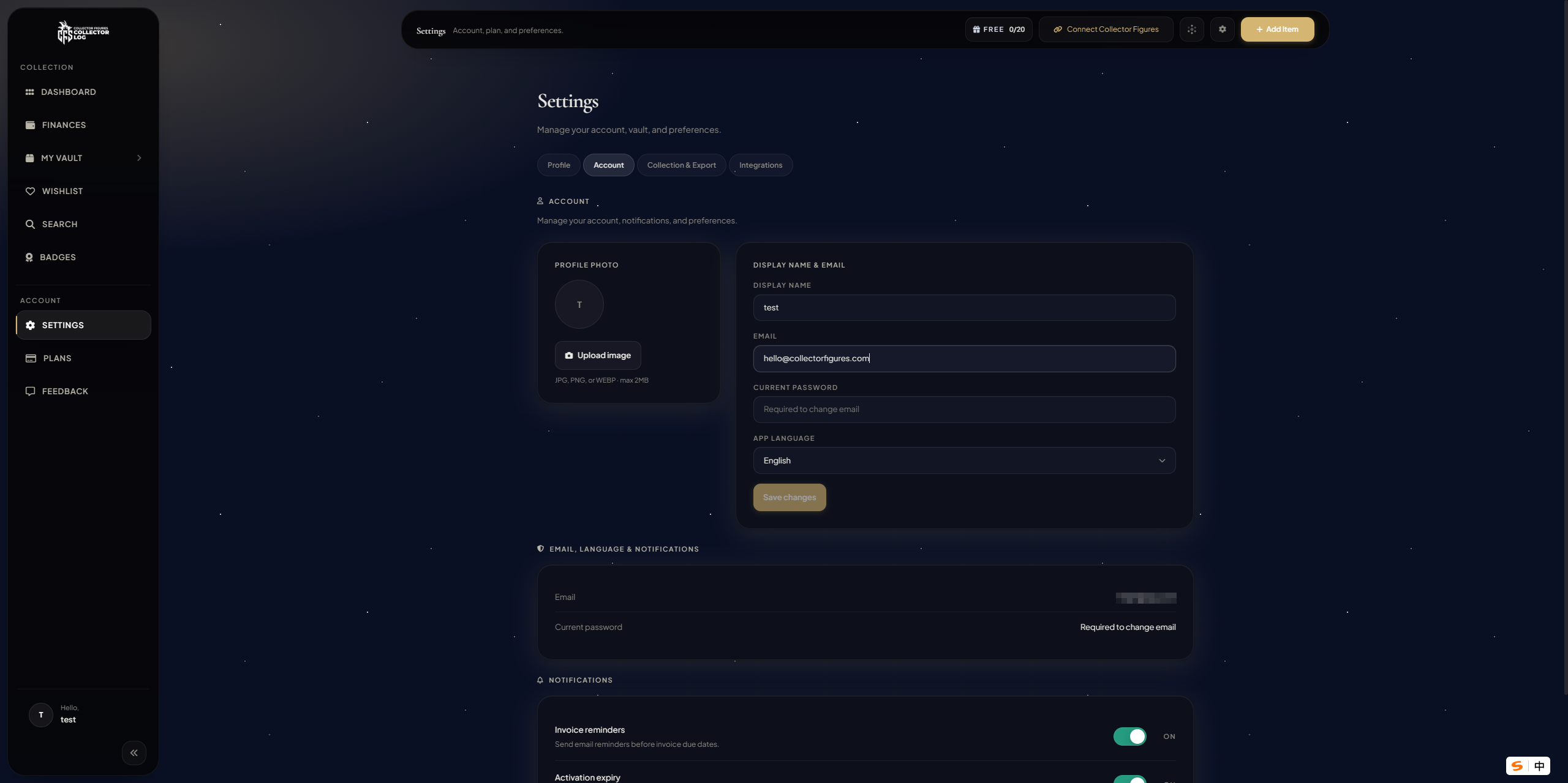 Settings page with its sections stacked vertically