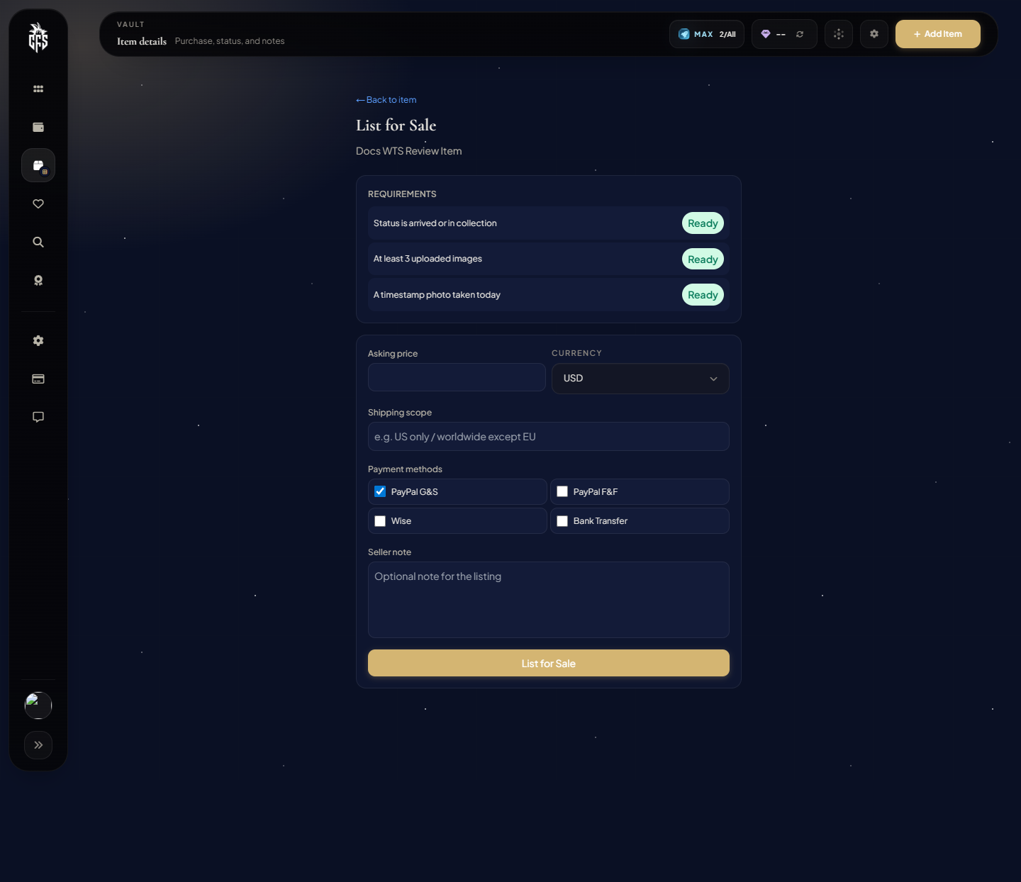 WTS listing screen with the requirement checklist and publish form