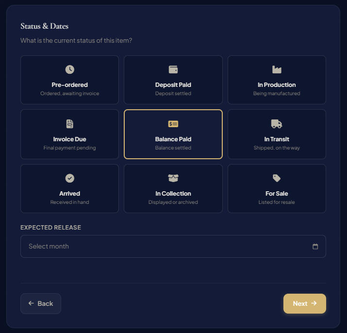 Record detail page with the status selector open