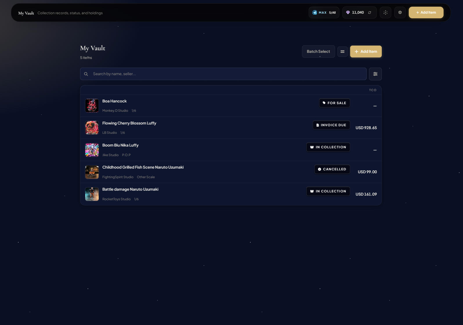 Vault list page in Grid view with several records