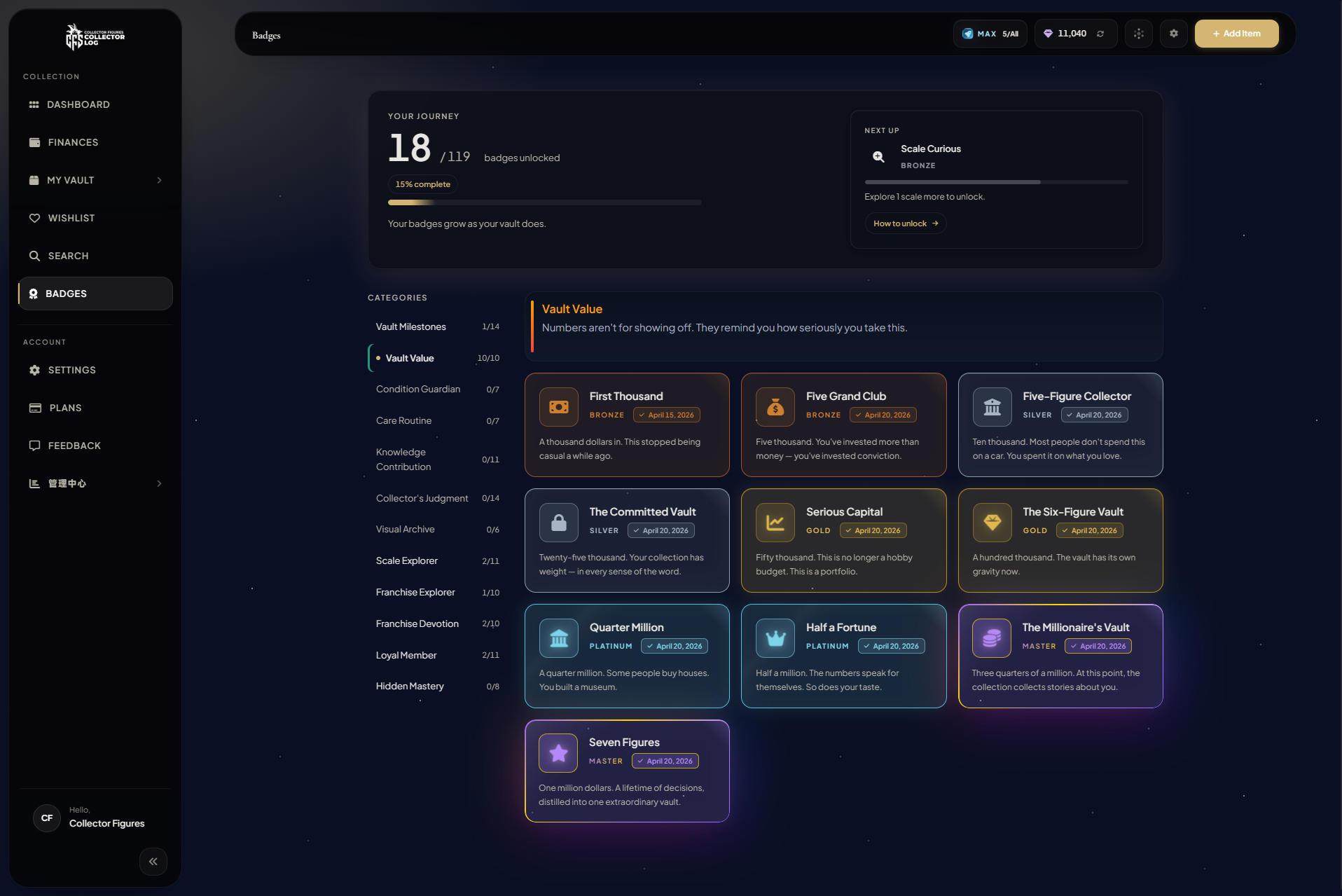 Badges page with unlocked and locked badges